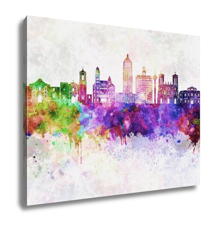 Gallery Wrapped Canvas, San Antonio Skyline In Watercolor